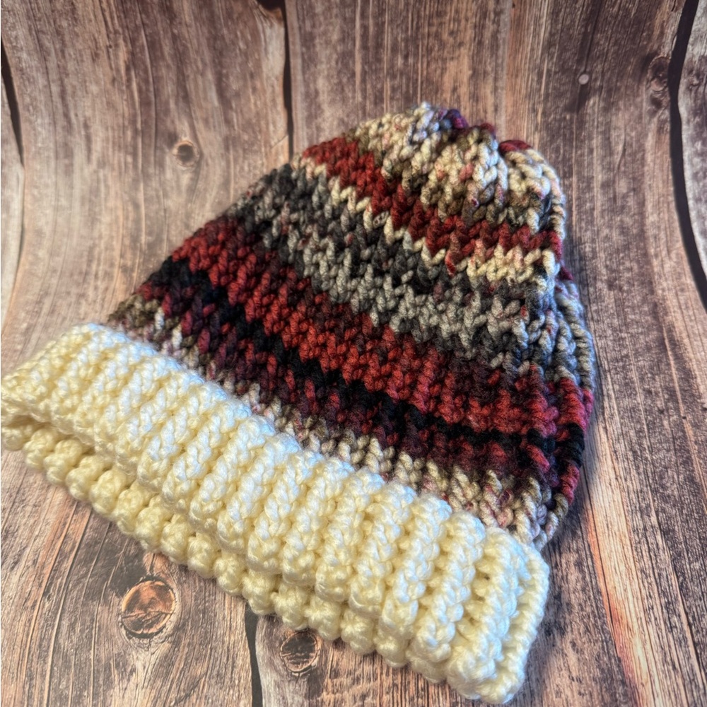 NEW Handmade Cream and Multicolor Knit Hat Item #PHK7515